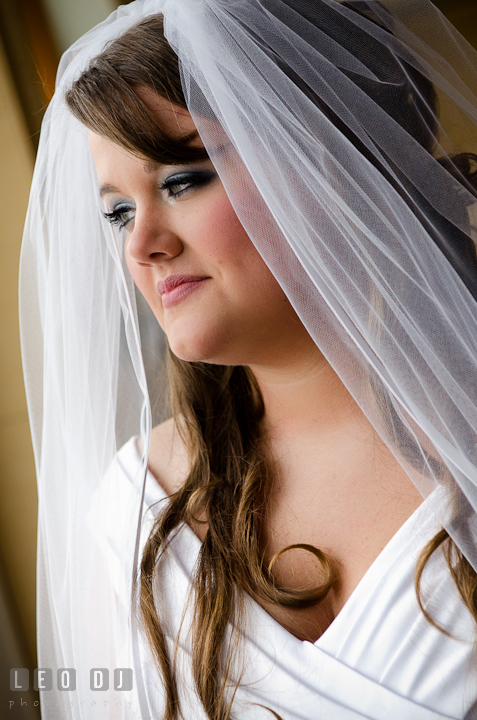 Bride's portrait looking out the window. The Ballroom at The Chesapeake Inn wedding ceremony photos, Chesapeake City, Maryland by photographers of Leo Dj Photography.