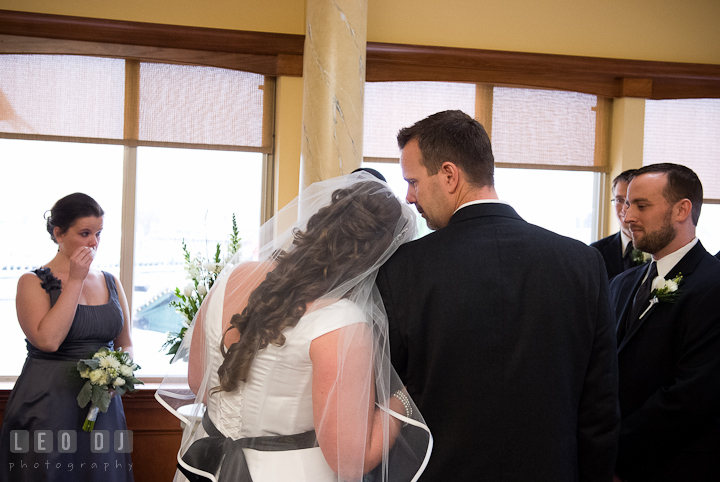 Bride leaning her head on Father's shoulder. The Ballroom at The Chesapeake Inn wedding ceremony photos, Chesapeake City, Maryland by photographers of Leo Dj Photography.