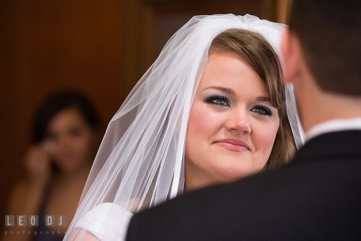 Bride looking at groom with full of love. The Ballroom at The Chesapeake Inn wedding ceremony photos, Chesapeake City, Maryland by photographers of Leo Dj Photography.