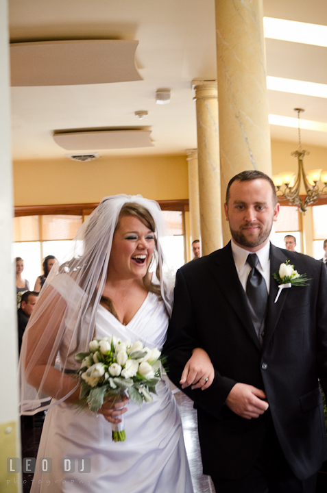 Bride and Groom happily walked out of the isle. The Ballroom at The Chesapeake Inn wedding ceremony photos, Chesapeake City, Maryland by photographers of Leo Dj Photography.