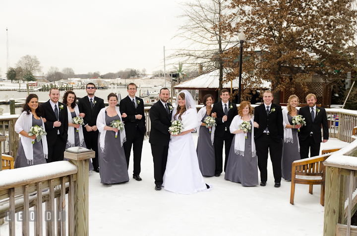 Bride, Groom and the Bridal Party posing on a deck covered with snow. The Ballroom at The Chesapeake Inn wedding ceremony photos, Chesapeake City, Maryland by photographers of Leo Dj Photography.