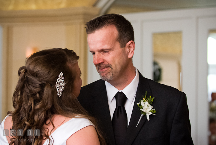 Father of the Bride emotional while dancing with daughter. The Ballroom at The Chesapeake Inn wedding reception photos, Chesapeake City, Maryland by photographers of Leo Dj Photography.