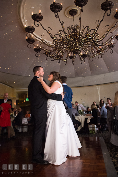 Bride and Groom dancing under the dome and the beautiful chandelier. The Ballroom at The Chesapeake Inn wedding reception photos, Chesapeake City, Maryland by photographers of Leo Dj Photography.