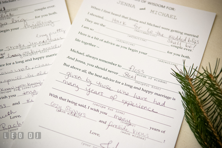 Mad libs filled out by guests. The Ballroom at The Chesapeake Inn wedding reception photos, Chesapeake City, Maryland by photographers of Leo Dj Photography.