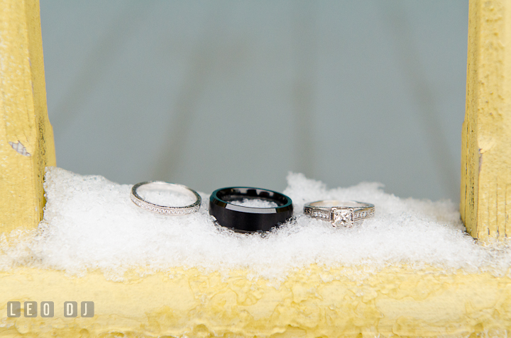 Wedding bands and engagement ring. The Ballroom at The Chesapeake Inn wedding reception photos, Chesapeake City, Maryland by photographers of Leo Dj Photography.