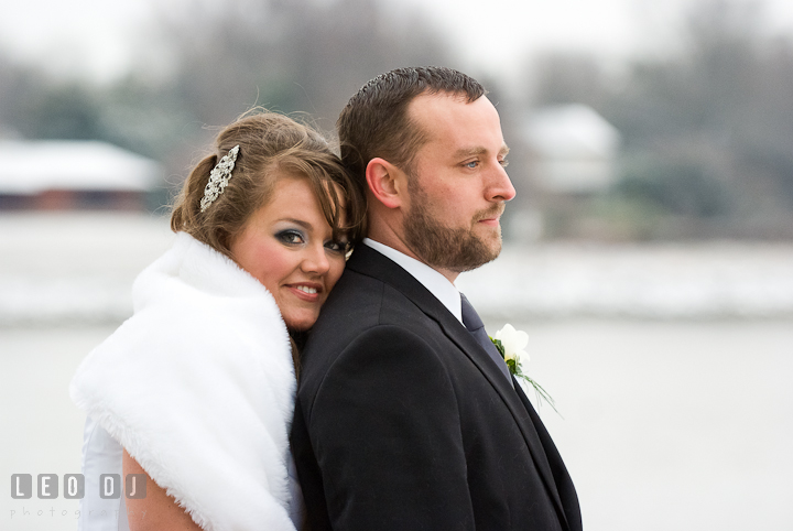 Bride and Groom cuddling. The Ballroom at The Chesapeake Inn wedding reception photos, Chesapeake City, Maryland by photographers of Leo Dj Photography.