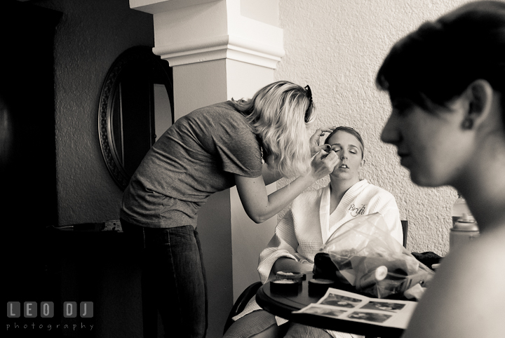 Bride and Matron of Honor getting make up and hair done. Cruise ship destination wedding ceremony photos, Hotel Melia Cozumel Mexico by photographers of Leo Dj Photography.