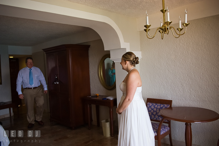 Bride meeting his Fahter one last time before walking down the isle. Cruise ship destination wedding ceremony photos, Hotel Melia Cozumel Mexico by photographers of Leo Dj Photography.
