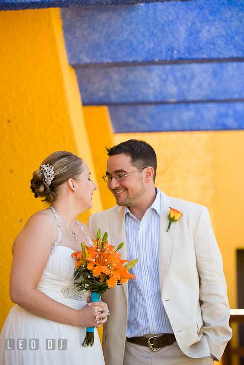 Bride and Groom getting close during first glance. Cruise ship destination wedding ceremony photos, Hotel Melia Cozumel Mexico by photographers of Leo Dj Photography.
