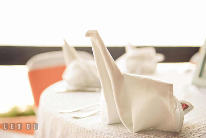 Table napkin decoration. Carnival Cruise ship destination wedding reception photos of Jessica and Chad, Cozumel Mexico by photographers of Leo Dj Photography.