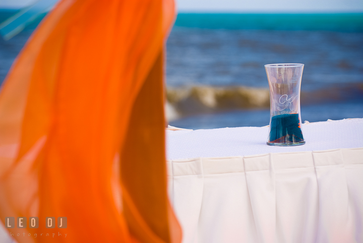 Unity sand with the sea in the background. Carnival Cruise ship destination wedding reception photos of Jessica and Chad, Cozumel Mexico by photographers of Leo Dj Photography.