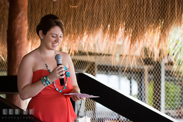 Matron of honor delivering speech. Carnival Cruise ship destination wedding reception photos of Jessica and Chad, Cozumel Mexico by photographers of Leo Dj Photography.