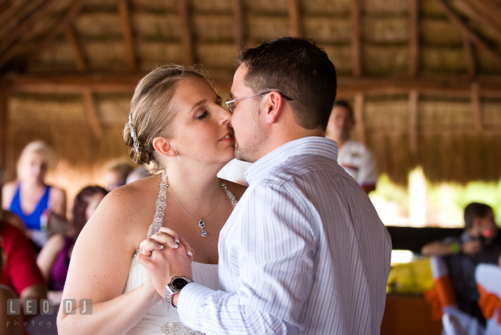 Bride and Groom doing first dance. Carnival Cruise ship destination wedding reception photos of Jessica and Chad, Cozumel Mexico by photographers of Leo Dj Photography.