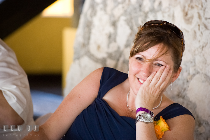 Mother of Bride smiled watching first dance. Carnival Cruise ship destination wedding reception photos of Jessica and Chad, Cozumel Mexico by photographers of Leo Dj Photography.