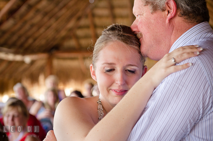 Bride gets emotional during dance with Father. Carnival Cruise ship destination wedding reception photos of Jessica and Chad, Cozumel Mexico by photographers of Leo Dj Photography.