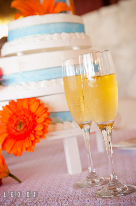 Champagne glasses with cake in the background. Carnival Cruise ship destination wedding reception photos of Jessica and Chad, Cozumel Mexico by photographers of Leo Dj Photography.