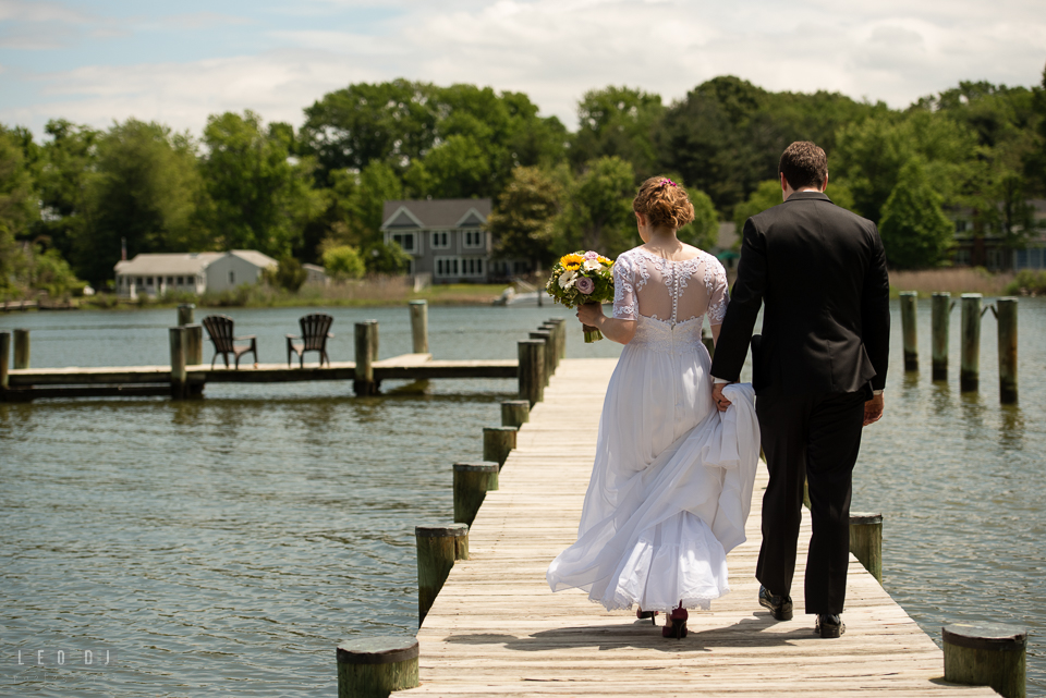 Kent Island Maryland Bride and Groom walking on boat pier dock photo by Leo Dj Photography