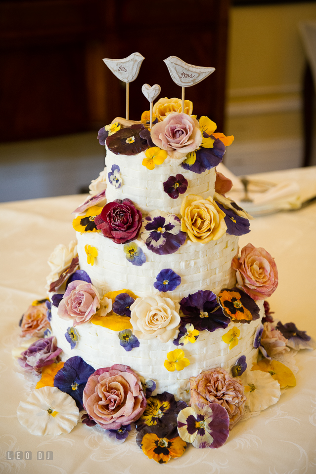 Eastern Shore Maryland wedding Fiona's cake with edible flowers by Gourmet Sweet Botanicals photo by Leo Dj Photography