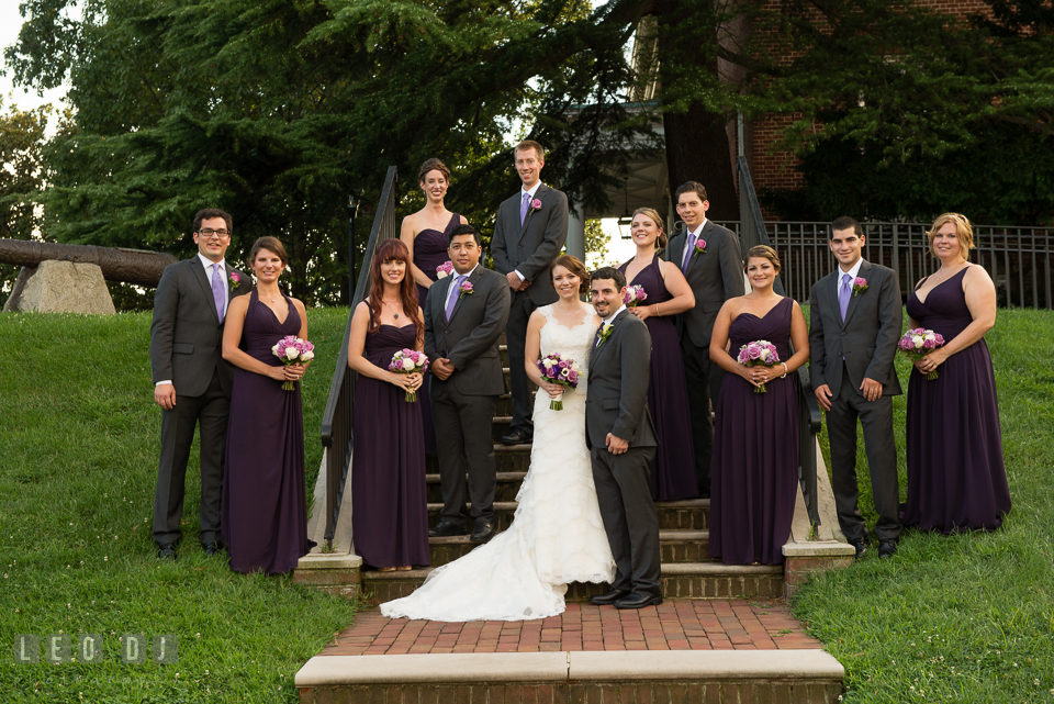 The bride and groom with the wedding party by the State House. Historic Inns of Annapolis Maryland, Governor Calvert House Greek wedding, by wedding photographers of Leo Dj Photography. http://leodjphoto.com