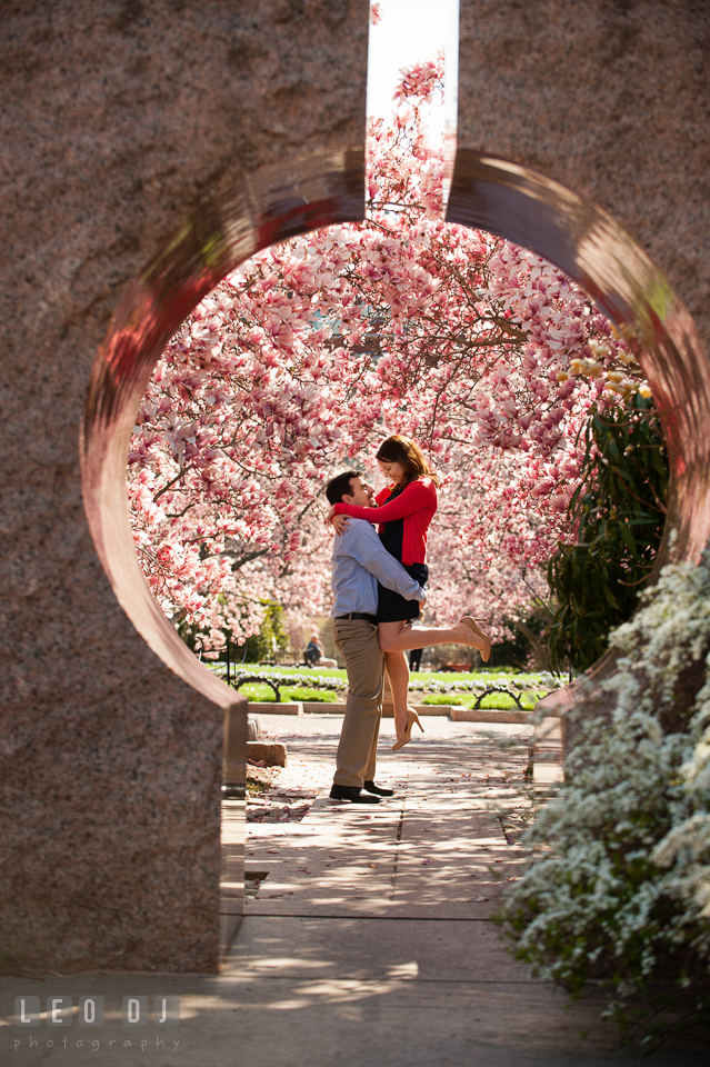 Engaged guy lifted up her fiancée up by a stone structure and magonolia trees. Washington DC pre-wedding engagement photo session at Adams Morgan and the Smithsonians, by wedding photographers of Leo Dj Photography. http://leodjphoto.com