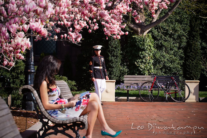 Marine officer walking toward his fiancée. Pre wedding engagement photo Washington DC Smithsonians museum and Ronald Reagan Washington National Airport DCA, by wedding photographer Leo Dj Photography