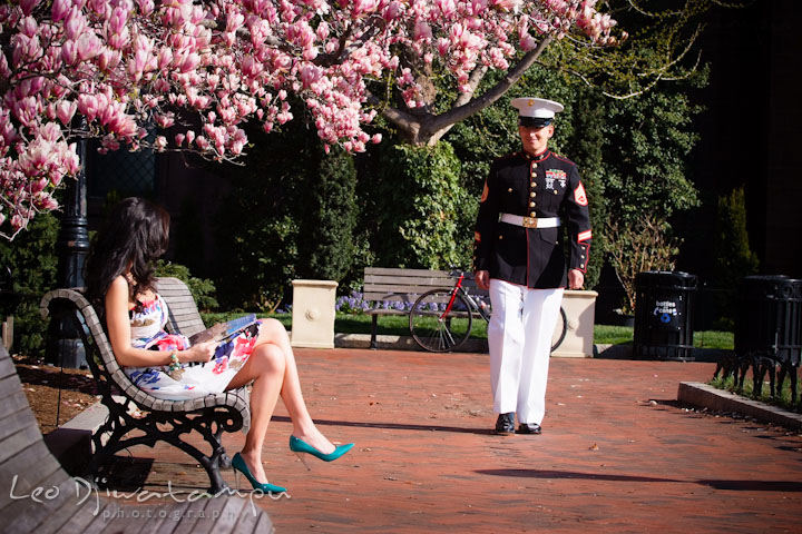 Engaged Marine officer in military uniform walking to his fiancée. Pre wedding engagement photo Washington DC Smithsonians museum and Ronald Reagan Washington National Airport DCA, by wedding photographer Leo Dj Photography