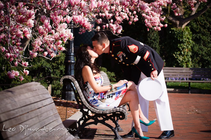 Engaged Marine officer in military uniform kissed his fiancée. Pre wedding engagement photo Washington DC Smithsonians museum and Ronald Reagan Washington National Airport DCA, by wedding photographer Leo Dj Photography