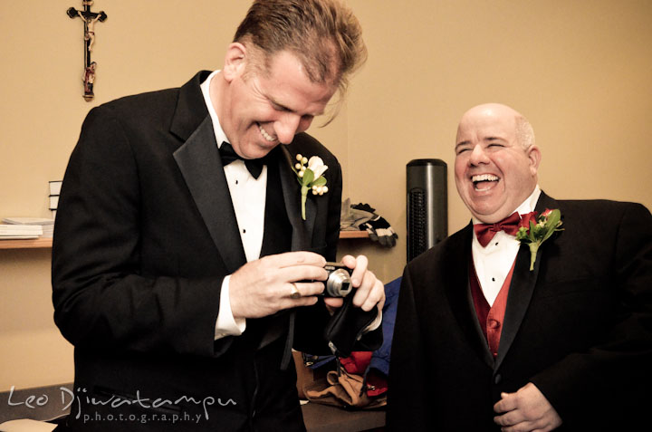 Best man and groom laughing. Prospect Bay Country Club Grasonville MD Wedding Photographer by Leo Dj Photography
