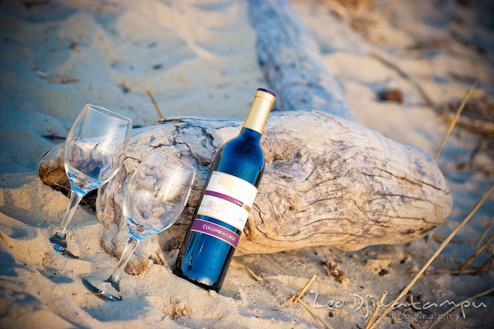 wine bottle and the wine glasses on beach sand, by a driftwood. Romantic engagement session on beach Kent Island Maryland