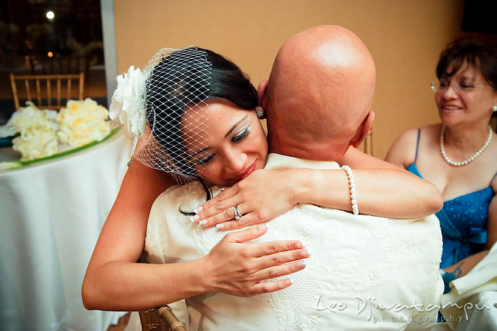 Bride hugs father after the speech. Falls Church Virginia 2941 Restaurant Wedding Photographer