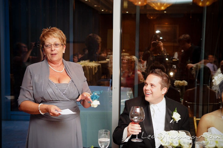 Mother of groom doing speech, groom smiling. Falls Church Virginia 2941 Restaurant Wedding Photographer