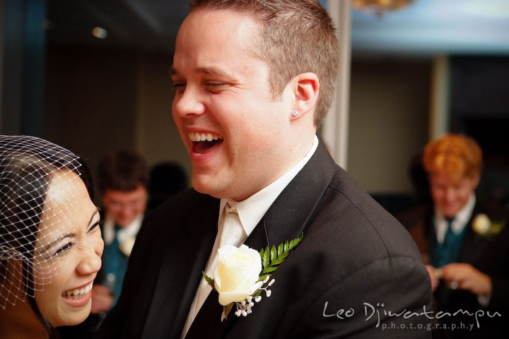 Bride and groom dancing, laughing. Falls Church Virginia 2941 Restaurant Wedding Photographer