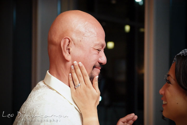 Bride touched her fathers cheek during father-bride dance. Falls Church Virginia 2941 Restaurant Wedding Photographer
