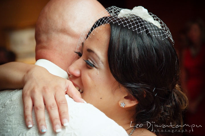 Bride shed a tear during father of the bride and daughter dance. Falls Church Virginia 2941 Restaurant Wedding Photographer