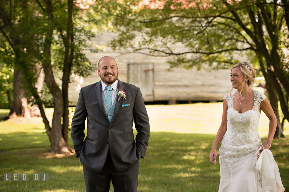 The Oaks Waterfront Inn Bride and Groom seeing each other during first look photo by Leo Dj Photography