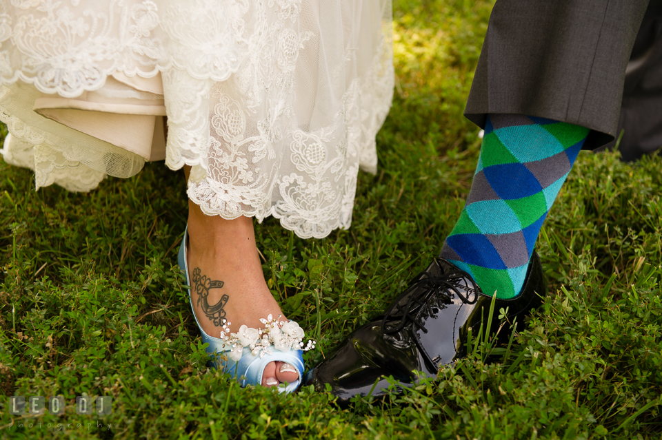 The Oaks Waterfront Inn Bride and Groom showing shoes and socks photo by Leo Dj Photography