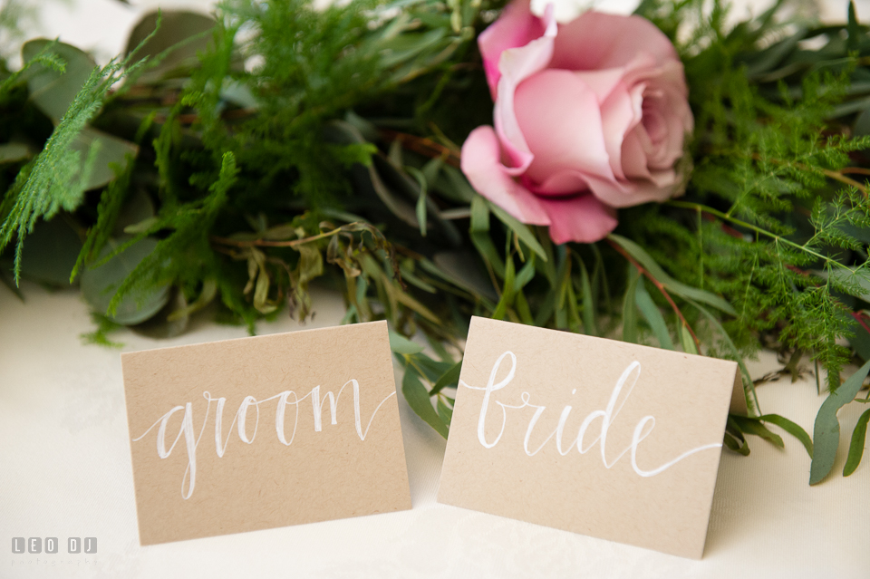 Kent Manor Inn groom and bride place cards with modern calligraphy photo by Leo Dj Photography