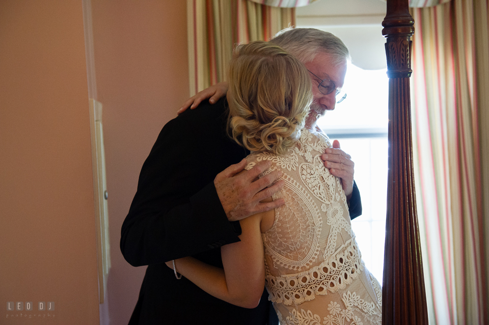 Kent Manor Inn father of bride hugging his daughter before wedding ceremony photo by Leo Dj Photography
