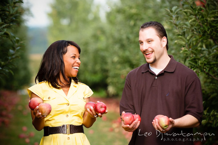 Engaged man and woman holding apples and laughing. Engagement pre-wedding photo session fruit tree farm barn flower garden by Leo Dj Photography