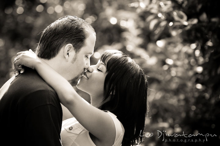 Engaged man and woman cuddling and kissing. Engagement pre-wedding photo session fruit tree farm barn flower garden by Leo Dj Photography