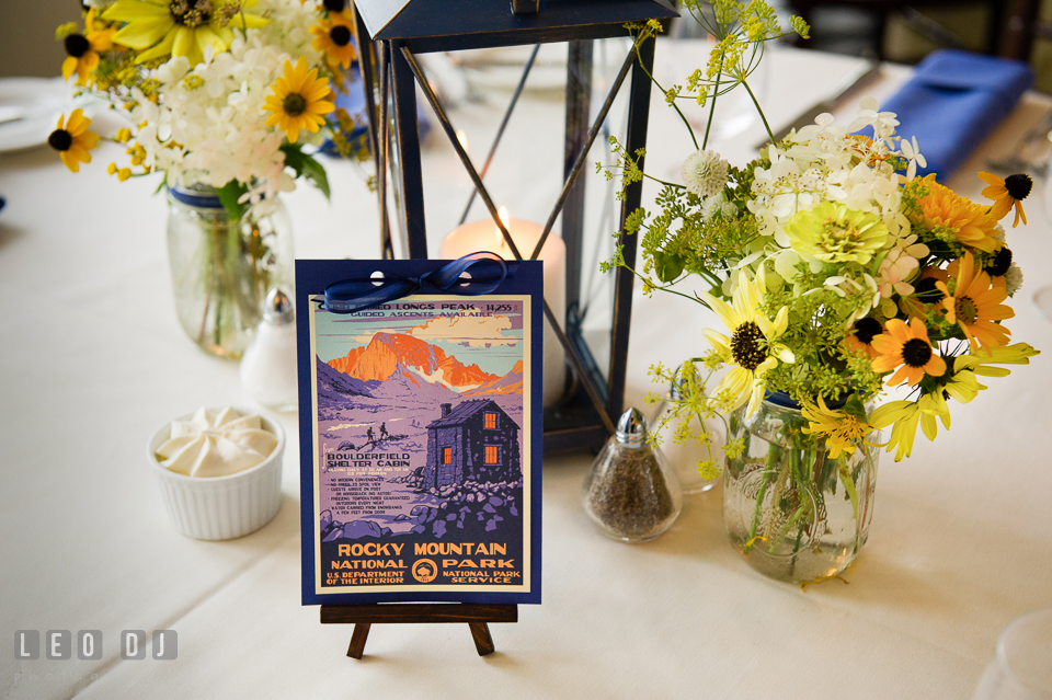 Outdoor theme used as table decor on a wedding reception with National Park names. Kent Island Maryland Chesapeake Bay Beach Club wedding photo, by wedding photographers of Leo Dj Photography. http://leodjphoto.com