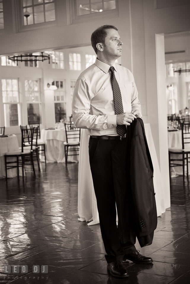 The Groom awaiting for the wedding to begin. Kent Island Maryland Chesapeake Bay Beach Club wedding photo, by wedding photographers of Leo Dj Photography. http://leodjphoto.com