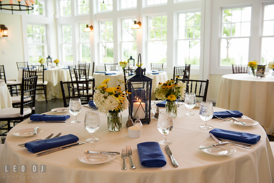 Lovely table centerpieces. Kent Island Maryland Chesapeake Bay Beach Club wedding photo, by wedding photographers of Leo Dj Photography. http://leodjphoto.com