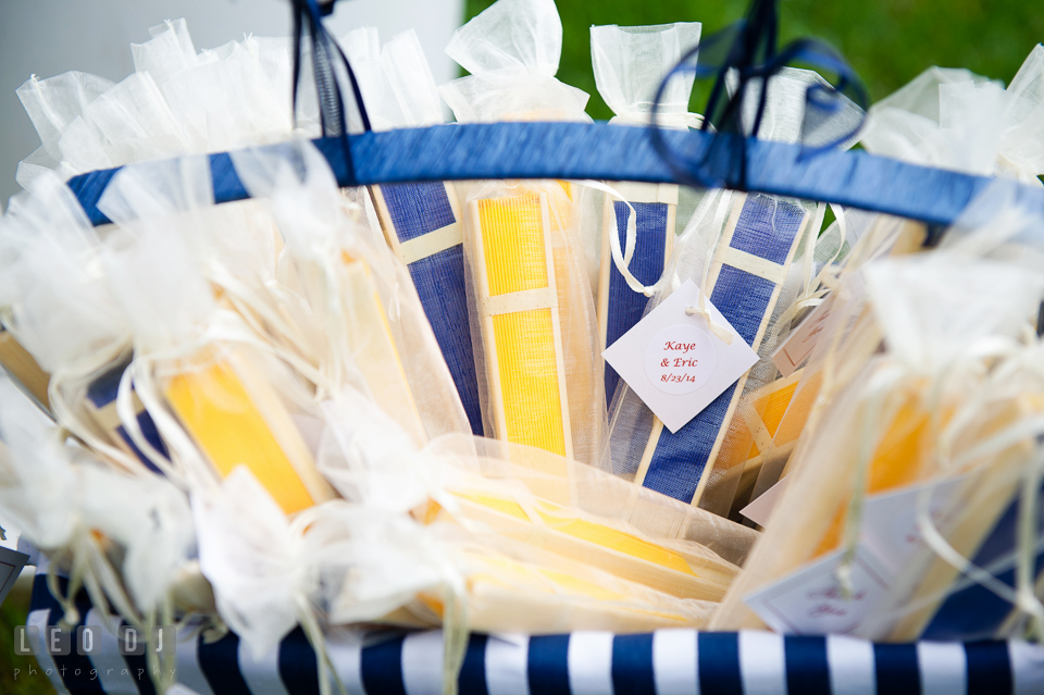 Wedding tokens of fans from the Bride and Groom for the ceremony. Kent Island Maryland Chesapeake Bay Beach Club wedding photo, by wedding photographers of Leo Dj Photography. http://leodjphoto.com