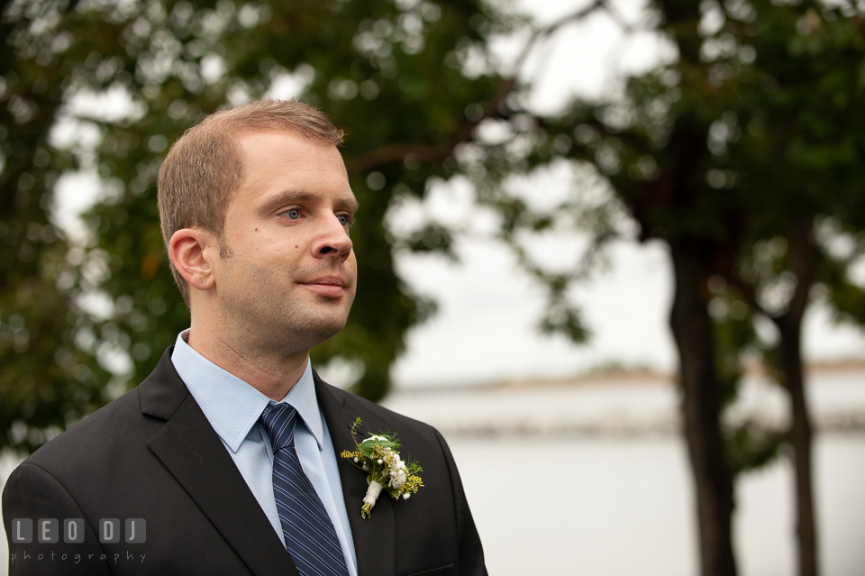 The Groom seeing his Bride for the first time. Kent Island Maryland Chesapeake Bay Beach Club wedding photo, by wedding photographers of Leo Dj Photography. http://leodjphoto.com