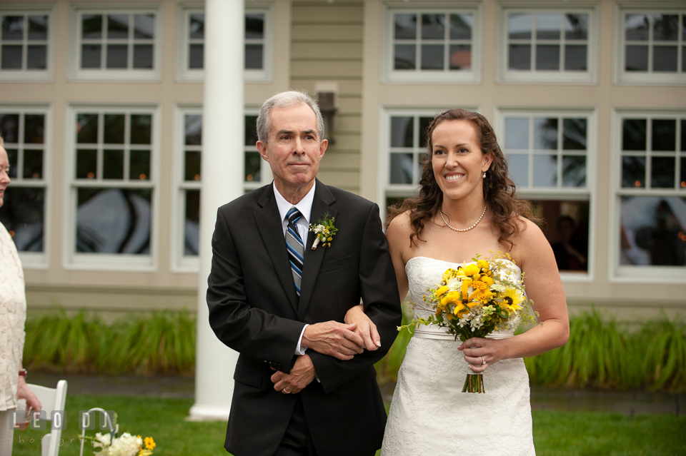 Father of the Bride walked her daughter down the aisle. Kent Island Maryland Chesapeake Bay Beach Club wedding photo, by wedding photographers of Leo Dj Photography. http://leodjphoto.com