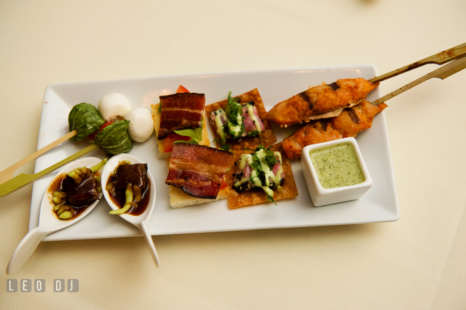 Mouthwatering hors d'oeuvres served during the wedding reception. Kent Island Maryland Chesapeake Bay Beach Club wedding photo, by wedding photographers of Leo Dj Photography. http://leodjphoto.com