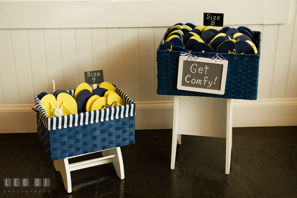 Comfortable flip flops sandals for guests to wear during the open floor dance session. Kent Island Maryland Chesapeake Bay Beach Club wedding photo, by wedding photographers of Leo Dj Photography. http://leodjphoto.com