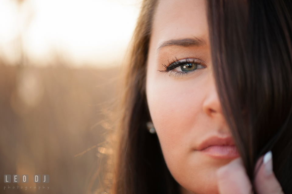 Close up face shot of beautiful brunette girl. Eastern Shore, Maryland, Queen Anne's County High School senior portrait session by photographer Leo Dj Photography. http://leodjphoto.com