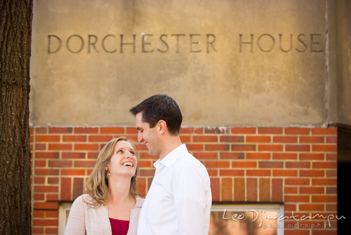 Engaged couple in front of Dorchester House. Pre-wedding engagement photo session at Washington College and Chestertown, Maryland, by wedding photographer Leo Dj Photography.